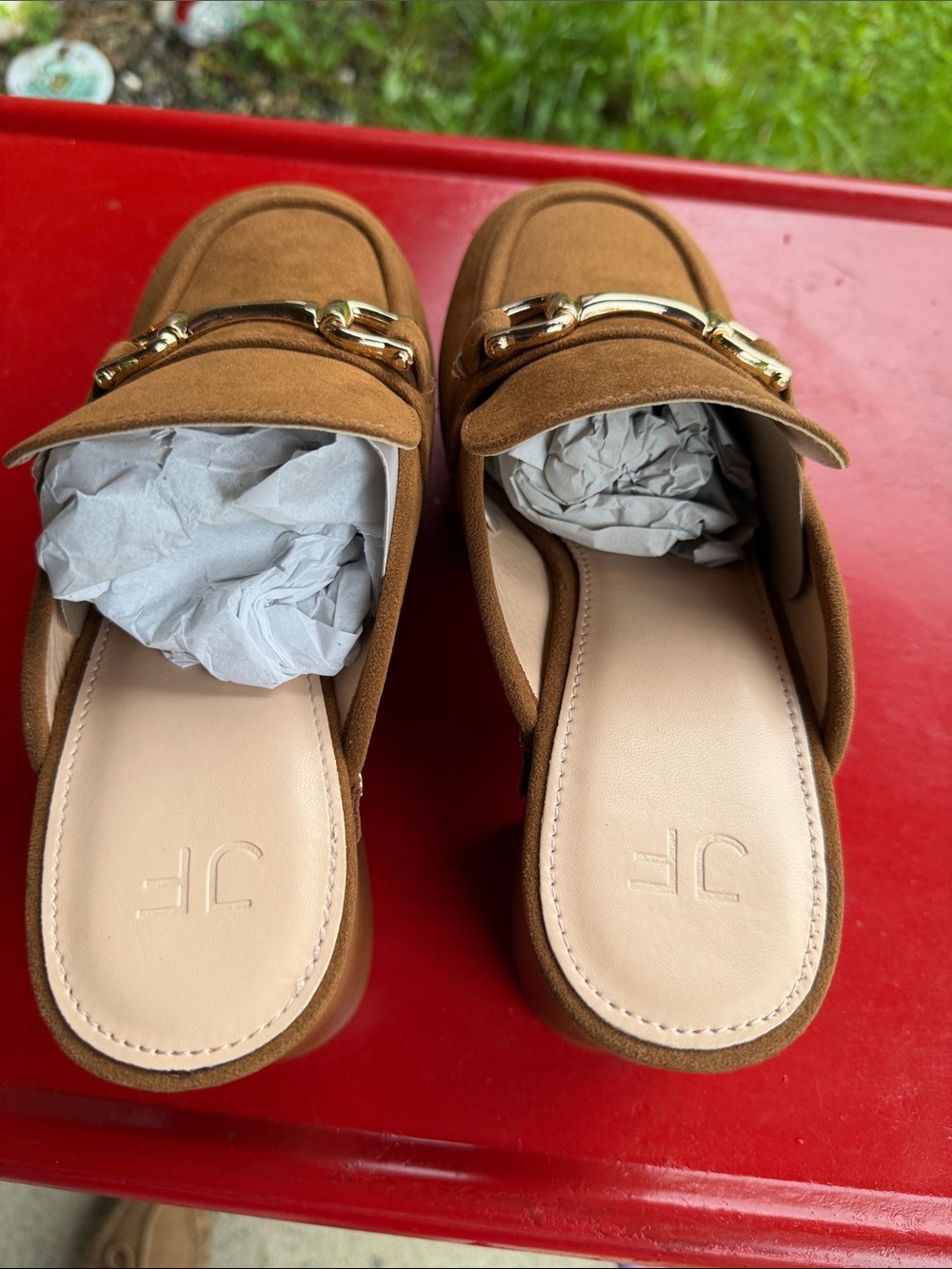 JustFab Brown Suede Platform Clog Mules with Gold Bit - Picture 5 of 11